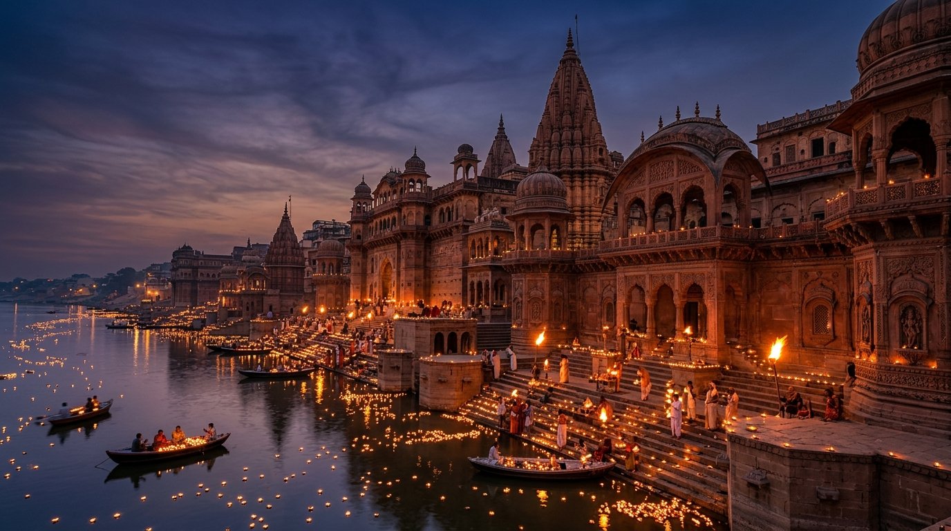 Sacred twilight on the Ganges in Varanasi - active 8,000-year living Vedic continuum with glowing floating butter lamps