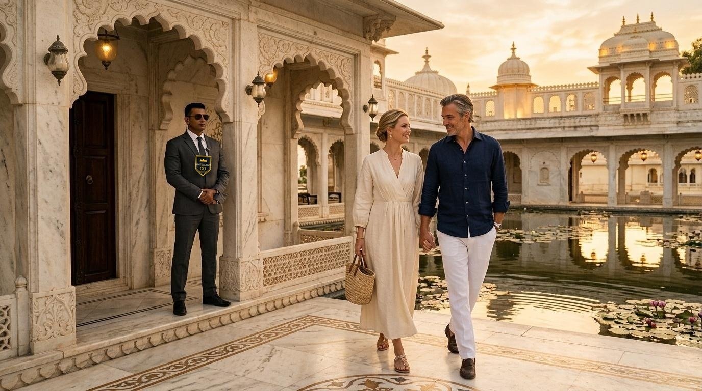 Distinguished 50+ Caucasian couple feeling protected and safe in luxury palace courtyard with their dedicated WhiteGloveGO bodyguard standing in the background watching over them