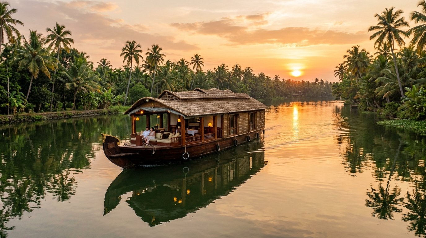 Traditional luxury wooden houseboat on palm-fringed Kerala backwaters