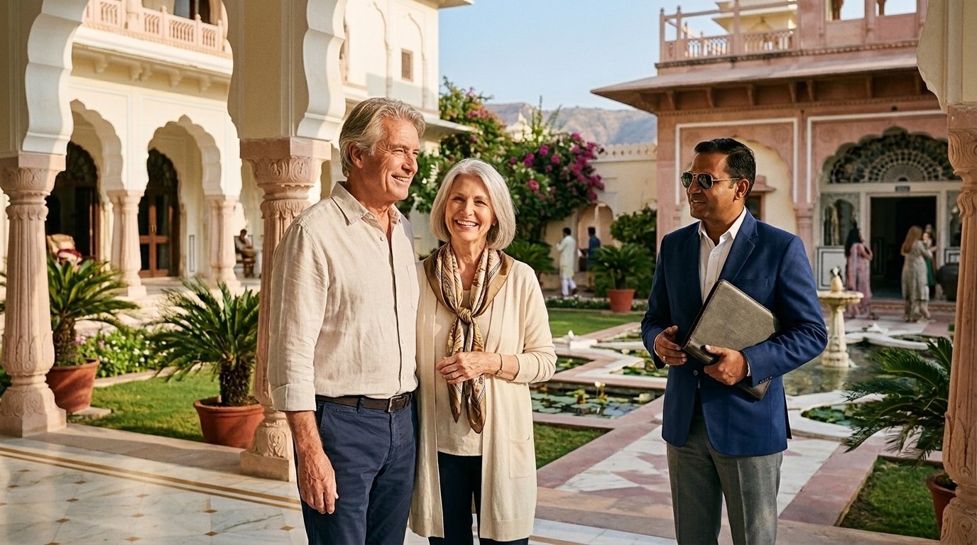 Mature discerning 50+ couple experiencing India in complete peace of mind accompanied by their personal WhiteGloveGO defense escort