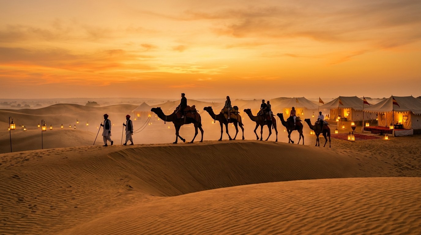 Sunset camel trek across Thar Desert dunes to luxury royal tented camp in Rajasthan