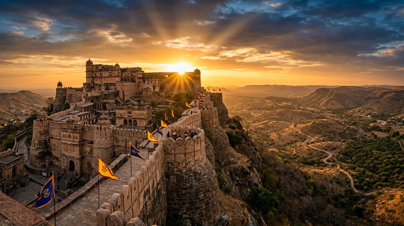 Colossal Rajasthan Hill Fort Citadel at golden sunset - bastions where Rajput kings resisted Mughal armies