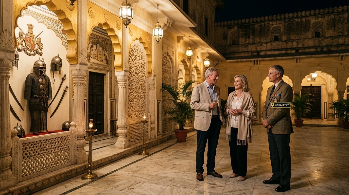 Distinguished retired Western couple in illuminated Rajasthan palace courtyard with their credentialed military escort officer