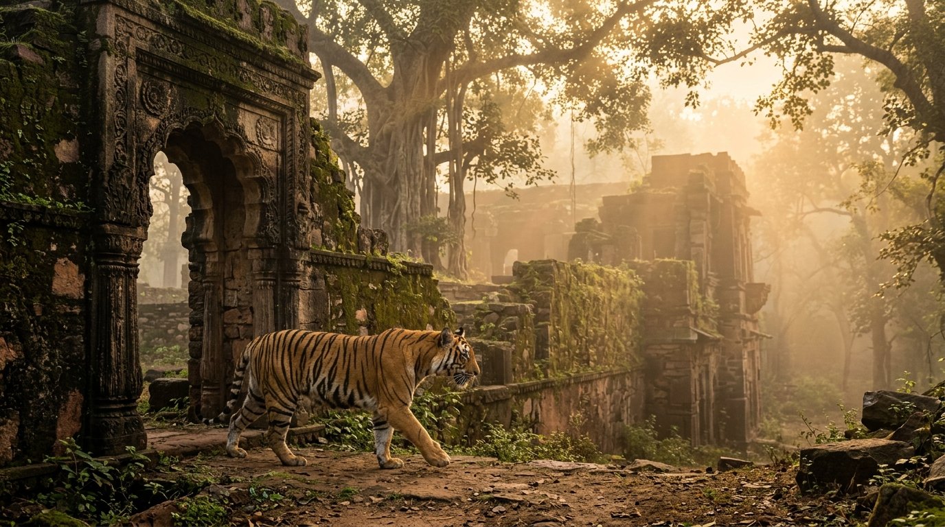 Regal Royal Bengal Tiger walking past ancient moss-covered sandstone temple ruins and banyan trees in Ranthambore